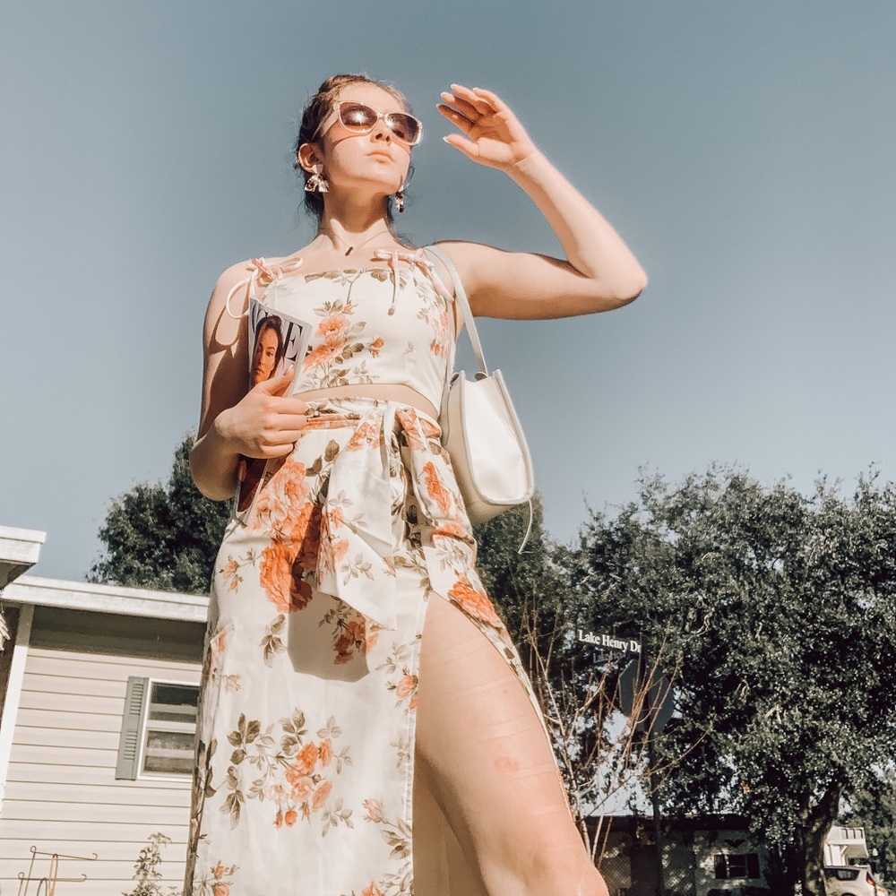 VINTAGE CREAM FLORAL TWO PIECE MIDI DRESS